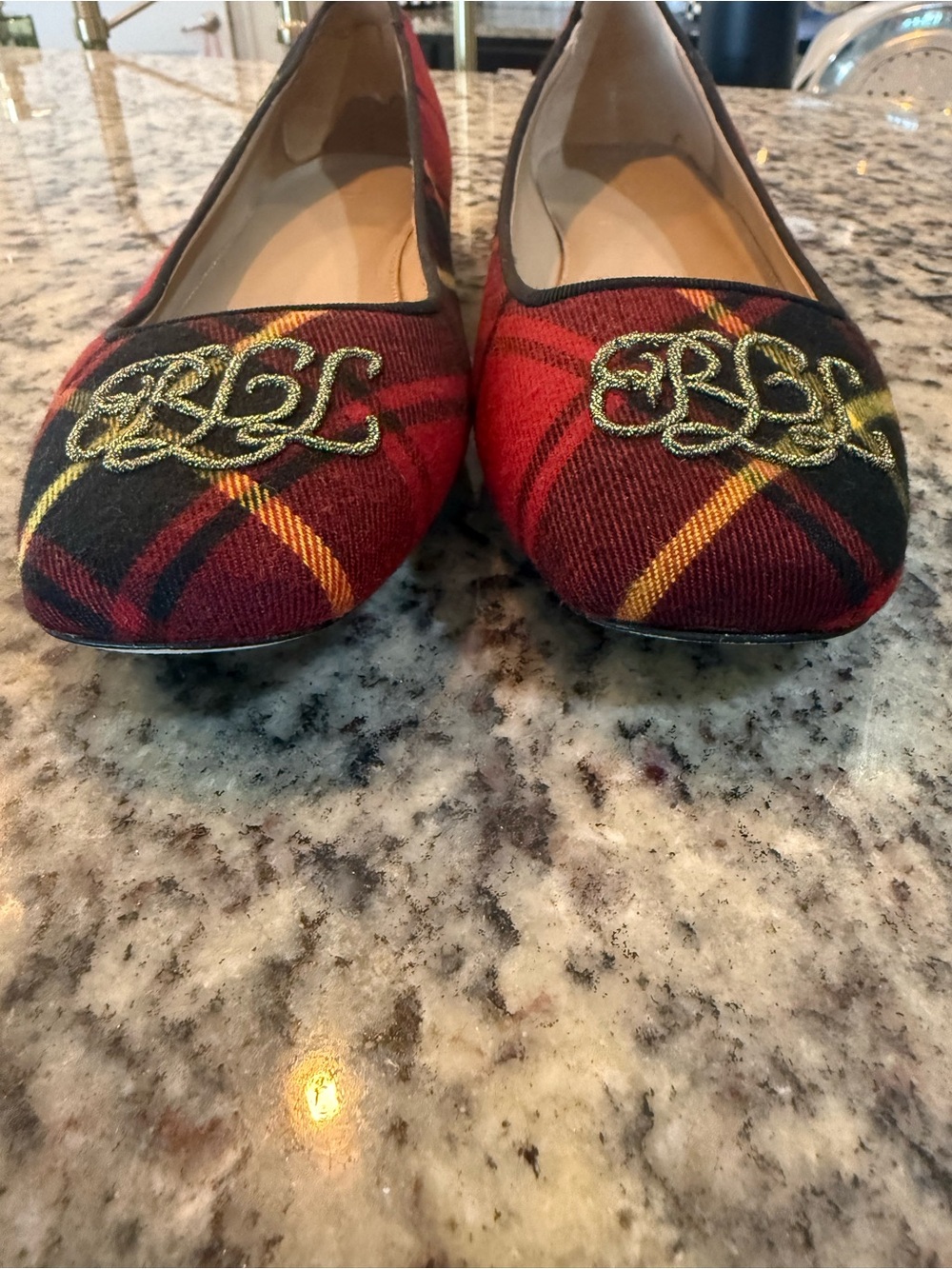 Ralph Lauren Red Plaid Embroidered Monogram Flats - Picture 2 of 9
